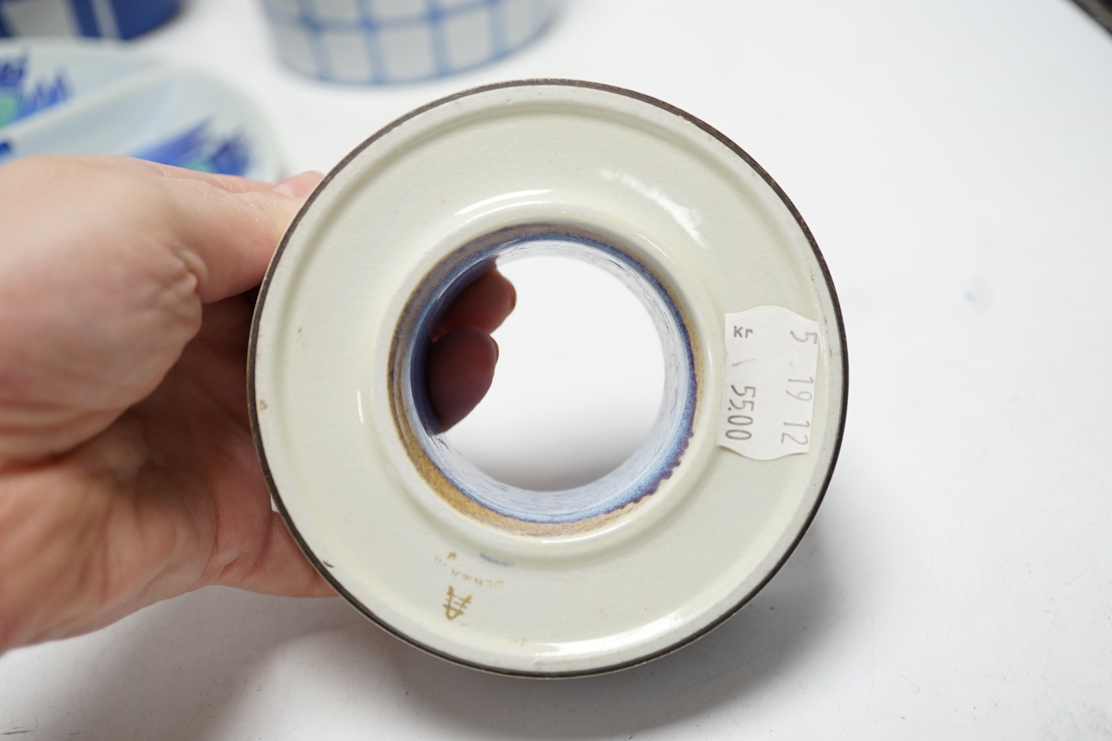 A Royal Copenhagen Alumina ware blue and white vase, a bamboo handled pot, a circular five section entre dish and shallow circular ringed vase, blue and white vase 18cm